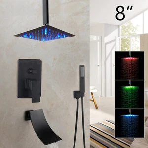 Ceiling Mount Black LED Shower Head 3-Way Mixing Valve Tub Spout Hand Shower Tap - Picture 1 of 15