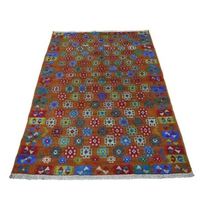 Alfombra colorida aldea afgana de diseño tribal de 4'1""x5'9"" hecha a mano lana pura R53185 - Imagen 1 de 6