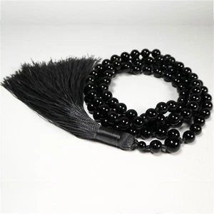8 mm Natur Schwarz Achat Edelstein Quaste Halskette 108 Perlen Beads Spirituell - Bild 1 von 3