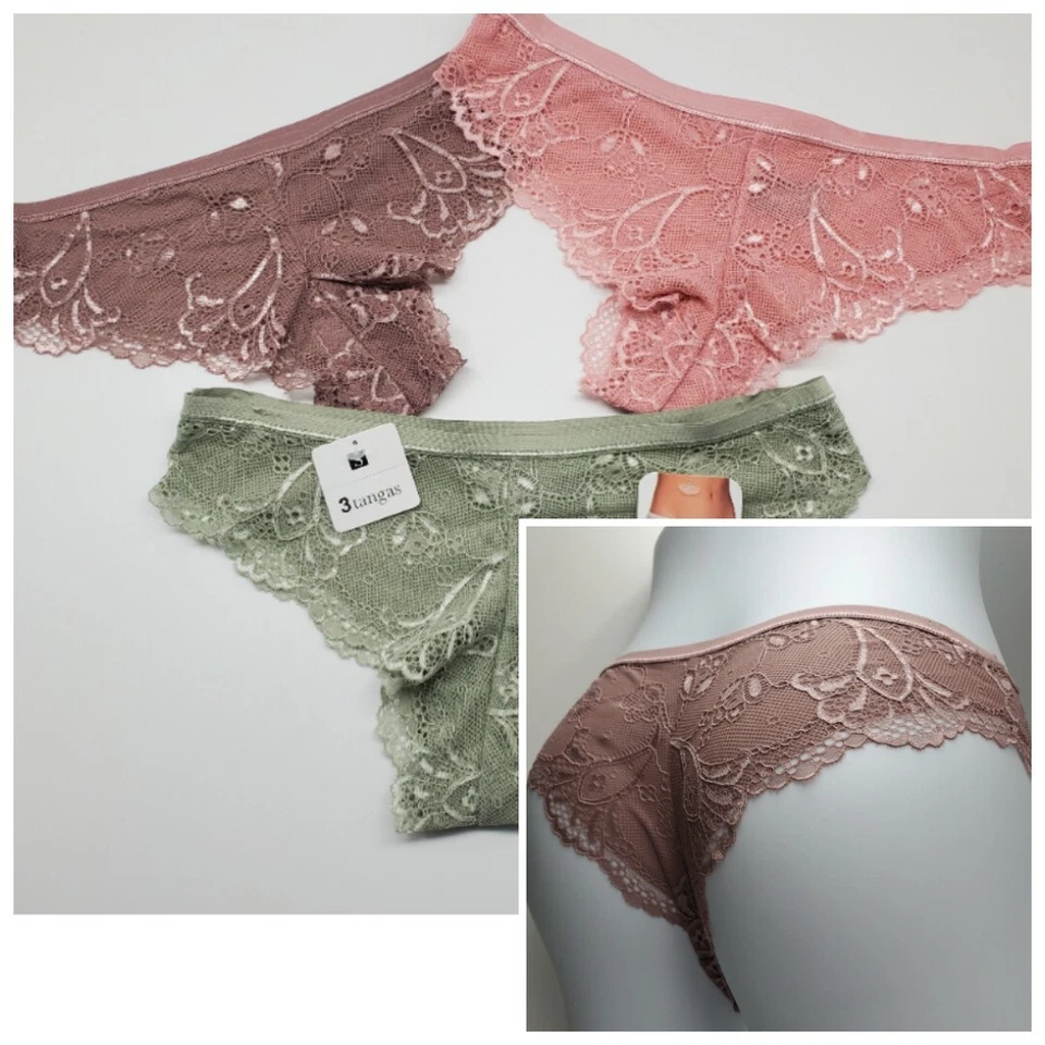 RENE ROFE 3 Pack Women's S M & L Lace Cheeky Tanga Panties Nude Pink Green - Image 1 of 4