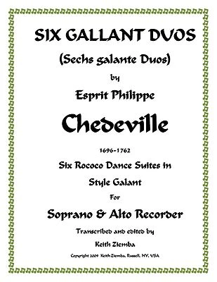 6 Gallant Duos by Chedeville 1 Soprano & 1 Alto Recorder 6 Dance Suites 28 pp. - Image 1 of 4