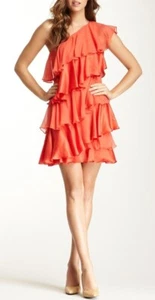 HALSTON One Shoulder Tiered Ruffle Silk Mini Dress Coral Orange Sz 8 Flapper - Picture 1 of 12