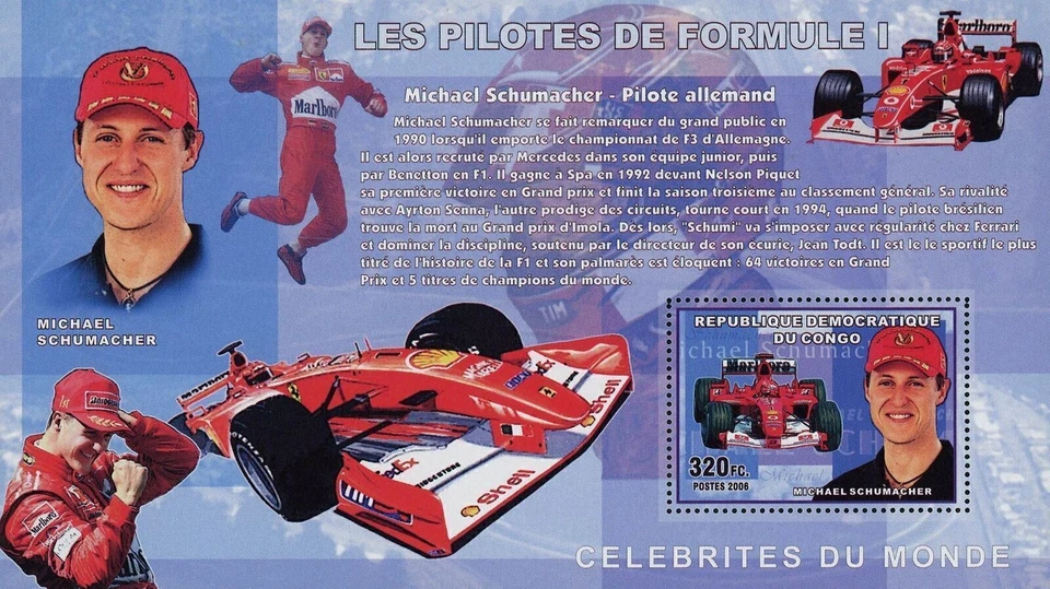 Formula 1 Racer Pilot Michael Schumacher Transportation Souvenir Sheet MNH - Image 1 of 1