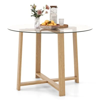 6 Person Round Dining Kitchen Table 42"Tempered Glass Tabletop W/Rubberwood Legs - Image 1 of 4