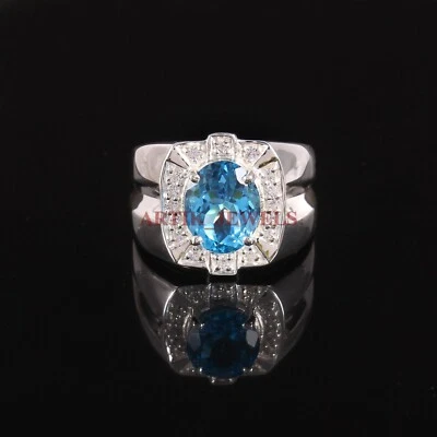 Piedras preciosas de topacio azul natural con anillo de plata de ley 925 para hombre #3559 Foto 1 de 4