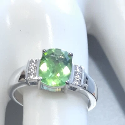 PERFECT!! 2.12ctw Peridot & Zircon Ring Platinum Plated Sterling Size 8 - Image 1 of 4