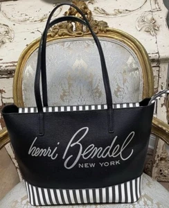 NEW henri Bendel leather handbag Black White stripes About Town TOTE  OverNight - Picture 1 of 17
