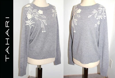 Suéter TAHARI Hombros Bordados 100% 2 CAPAS Cachemira Cuello Redondo Gris Talla XL Foto 1 de 4