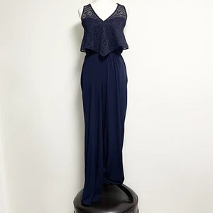 Guess Navy Laser Cut Halter Wide Leg Pants Jumpsuit 6 V Neck Stretch - Picture 1 of 10