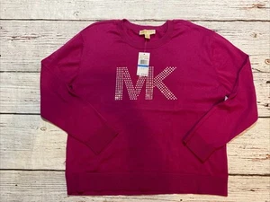 Michael Kors Women's Sweater Rhinestone Studded MK Logo Fuchsia Pink Size XL - Picture 1 of 8