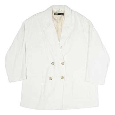 ZARA Womens White Double Breasted Jacket L Cotton Blend Classic Button Closure - Image 1 of 4