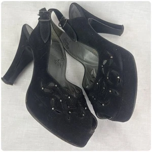 1940s Black Peep Toe Sling Back Suede Platform Pumps - Cha Cha Heels - 6 -6.5 - Picture 1 of 7