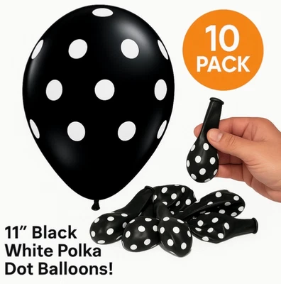 Lote de 10 GRANDES GLOBOS DE LUNARES 11" Látex Negro Blanco Círculos Fiesta Paquete NUEVO Foto 1 de 4
