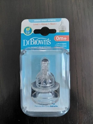 Dr Brown's уровень 1 узкая детская бутылочка соска для 0 м + BPA бесплатно 2 упаковки новый/запечатанный - Изображение 1 из 4