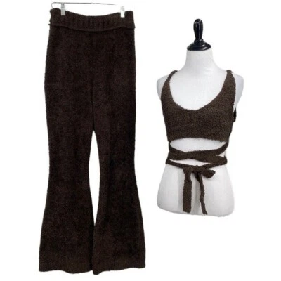 Out From Under Crop Top Flare Pant Set Womens Small Medium Brown Teddy Faux Fur Foto 1 de 4