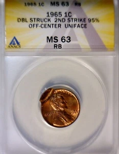 1965 ERROR ANACS MS63 DOUBLE STRUCK Doub DATE Lincoln Cent CH BU Coin 2 DATES NR - Picture 1 of 6