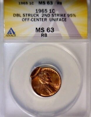1965 ERROR ANACS MS63 DOUBLE STRUCK Doub DATE Lincoln Cent CH BU Coin 2 DATES NR - Image 1 of 4