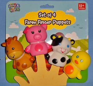 FINGER PUPPETS-4 FARM ANIMALS-HORSE-PIG-COW-CHICK-OLD MACDONALD-VINYL-PLAY&LEARN - Picture 1 of 7
