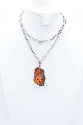 Vintage Sterling Silver Baltic Amber Large Pendant Necklace 31.75 Inches - Image 1 of 4
