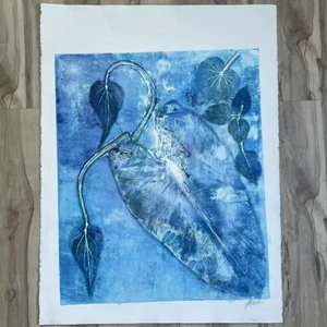 Original Blue Leaf Cyanotype‑Style Acrylic on Paper 24×20″ Unframed Signed Atoke - Picture 1 of 8