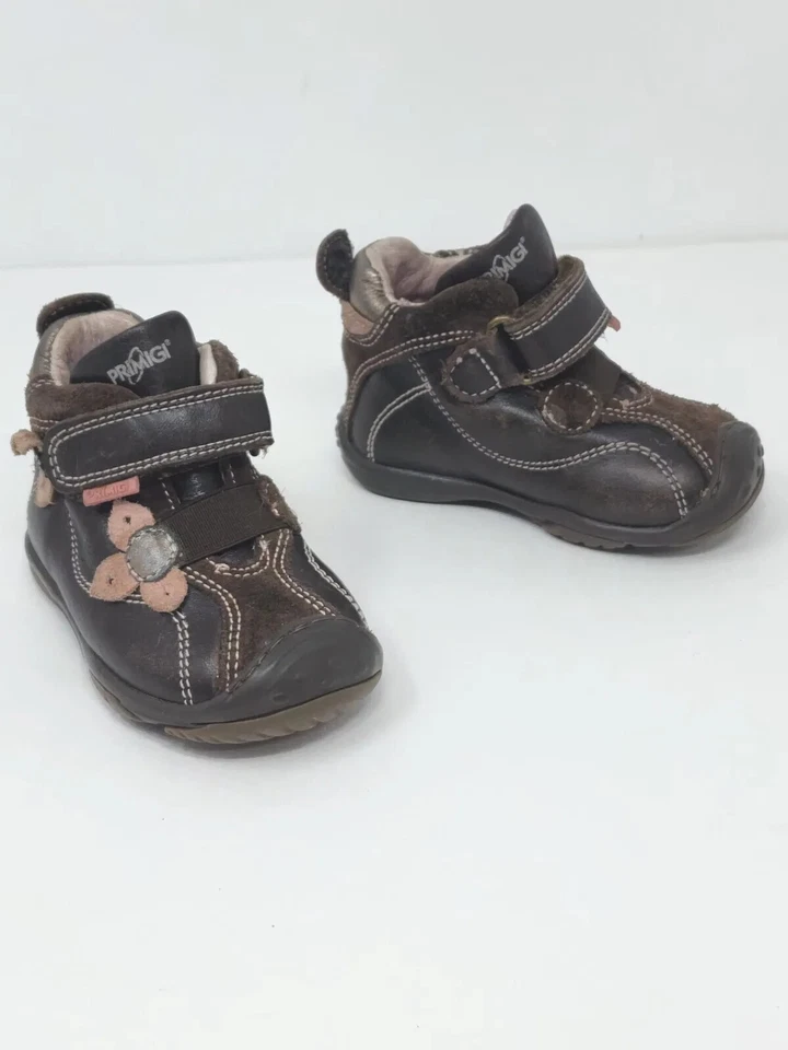 PRIMIGI Niñas Pequeñas EE. UU. 3 UE 18 Botas de Cuero Marrón y Rosa Flores Foto 1 de 4