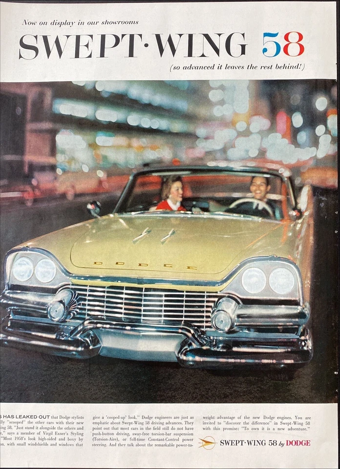 Dodge Swept Wing 58 1958 revista vintage anuncio impreso en color coche amarillo Foto 1 de 1