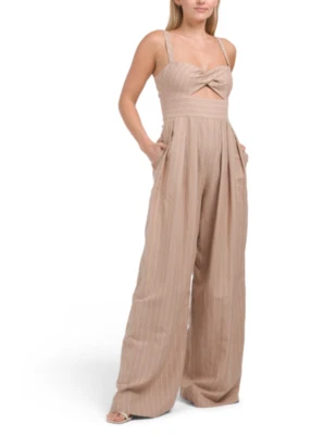 BCBGMAXAZRIA 女式卡其色/白色条纹阔腿连身裤 4 码全新带标签 368$ — 第 1/4 张图片