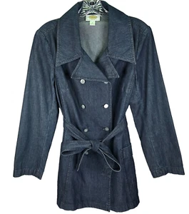 Talbots Petite Denim Double Breasted Trench Coat 8p Blue Belted Preppy Jacket - Picture 1 of 21