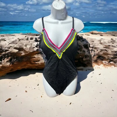 $190 Trina Turk Women's Black V-Neck Zebra Stripe Trim One-Piece Swimsuit Sz 12 - Image 1 of 3