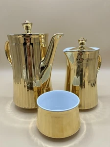 Royal Worcester Gold Lustre caffettiera brocca acqua calda zuccheriera porcellana scanalata - Foto 1 di 24
