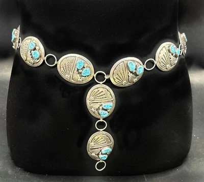 复古纯银绿松石 NAVAJO Concho 皮带 36 英寸签名 IHMJ & Bow,221 克 — 第 1/4 张图片