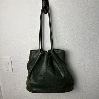 Green Boho Leather  Bucket Hobo Shoulder Bag, Cinch Closure, Long Straps - Image 1 of 4