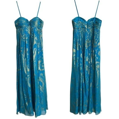 Aqua Dresses Silk Blend Strapless Blue & Metallic Gold Maxi Dress Sz 2 Pleated - Image 1 of 4