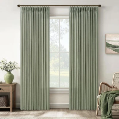 Green Linen Semi Sheer Curtains 90 Inches Long 2 Panels Set for Bedroom Livin... - Image 1 of 4
