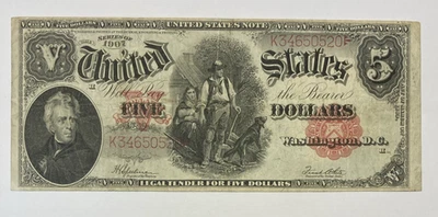 Billete de 5 dólares de gran tamaño de 1907. Sello rojo. Muy bien. Picadora de madera. Foto 1 de 3