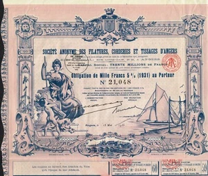 FRANCE SPINNING ROPE & WEAVING COMPANY OF ANGERS stock certificate/bond - Picture 1 of 1
