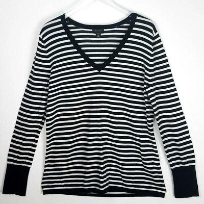 HALOGEN Women Sweater V-Neck 2X 18 Black White Striped Long Sleeve Women Pima - Image 1 of 4