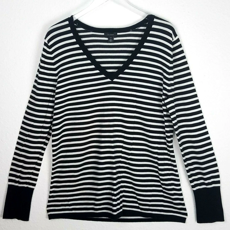 HALOGEN Women Sweater V-Neck 2X 18 Black White Striped Long Sleeve Women Pima - Image 1 of 4