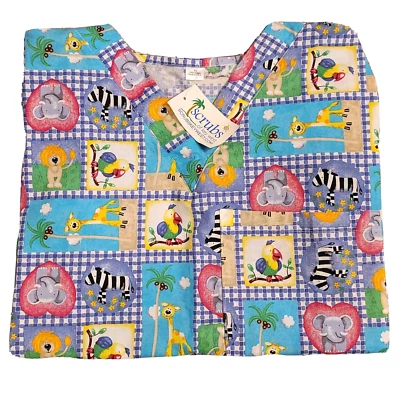 Scrubs of Key West Women's Safari Scrub Top SZ XS V-Neck Parrot Elephant Cotton - Image 1 of 4