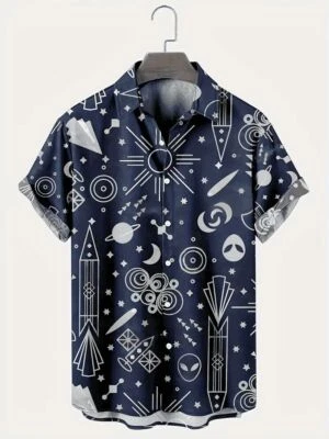 Plus Size Button Up Shirts Men Blue White Mayan Totem Graphic Short Sleeve Top - Image 1 of 3