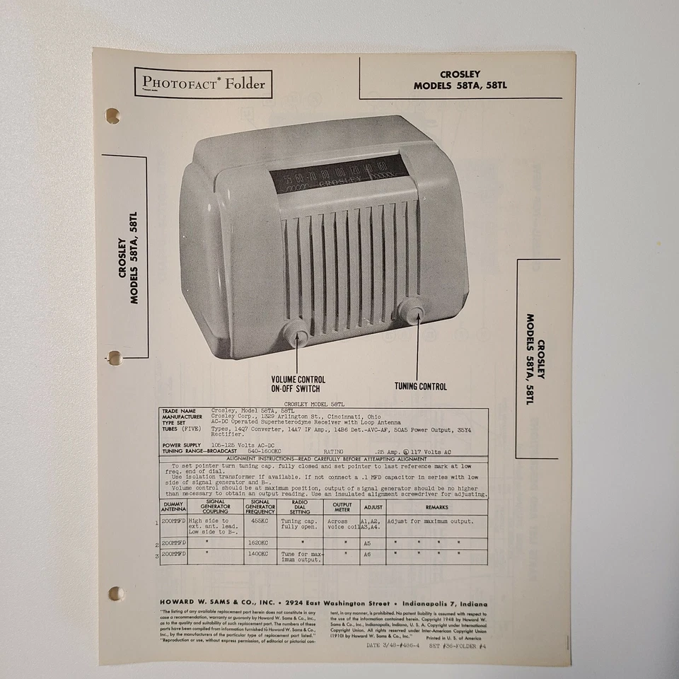 SAMS PHOTOFACT MANUAL DE SERVICIO 36-4 RADIO CROSLEY 58TA 58TL Foto 1 de 1