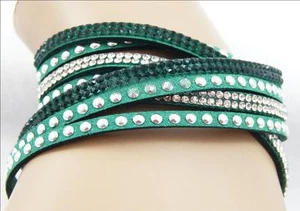PULSERA/COLLAR DE CUERO VERDE OSCURO Y ESTRÁS ENVUELTO BLING - Imagen 1 de 9