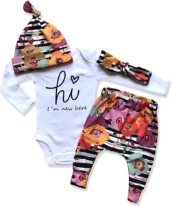 Newborn Baby Girl Clothes Hi I'M New Here Newborn Outfit Infant Romper Floral Pa - Picture 1 of 12