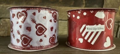 Valentine's Day Wired Ribbon white or red with glitter hearts 2.5in x 6yds - Image 1 of 4