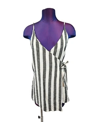 Pull & Bear 条纹亚麻裹身无袖束腰上衣 L 码女式 B112 — 第 1/4 张图片