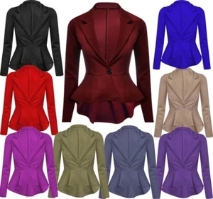 Womens Peplum Frill Fitted Ladies Long Sleeve Flared Slim fit Button Blazer 8-22 - Picture 1 of 16