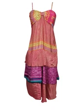 Women Pink Recycled Sari Spaghetti Strap Dress Ruffled Gypsy Printed Dresses