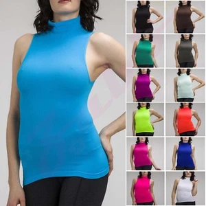 WOMEN MOCK TURTLENECK SLEEVELESS RIBBED FITTED TOP STRETCH TANK TOP SHIRT - Picture 1 of 19