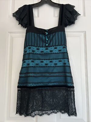 Vintage Luxury Lace Adorned Cap Sleeves Black Turquoise Back Tie Top Size XS/S - Image 1 of 4