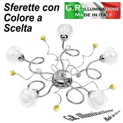 PLAFONIERA MODERNA CROMATA 5 LUCI LAMPADARIO CROMO CRISTALLO SOGGIORNO BAGNO Sun - Immagine 1 di 4